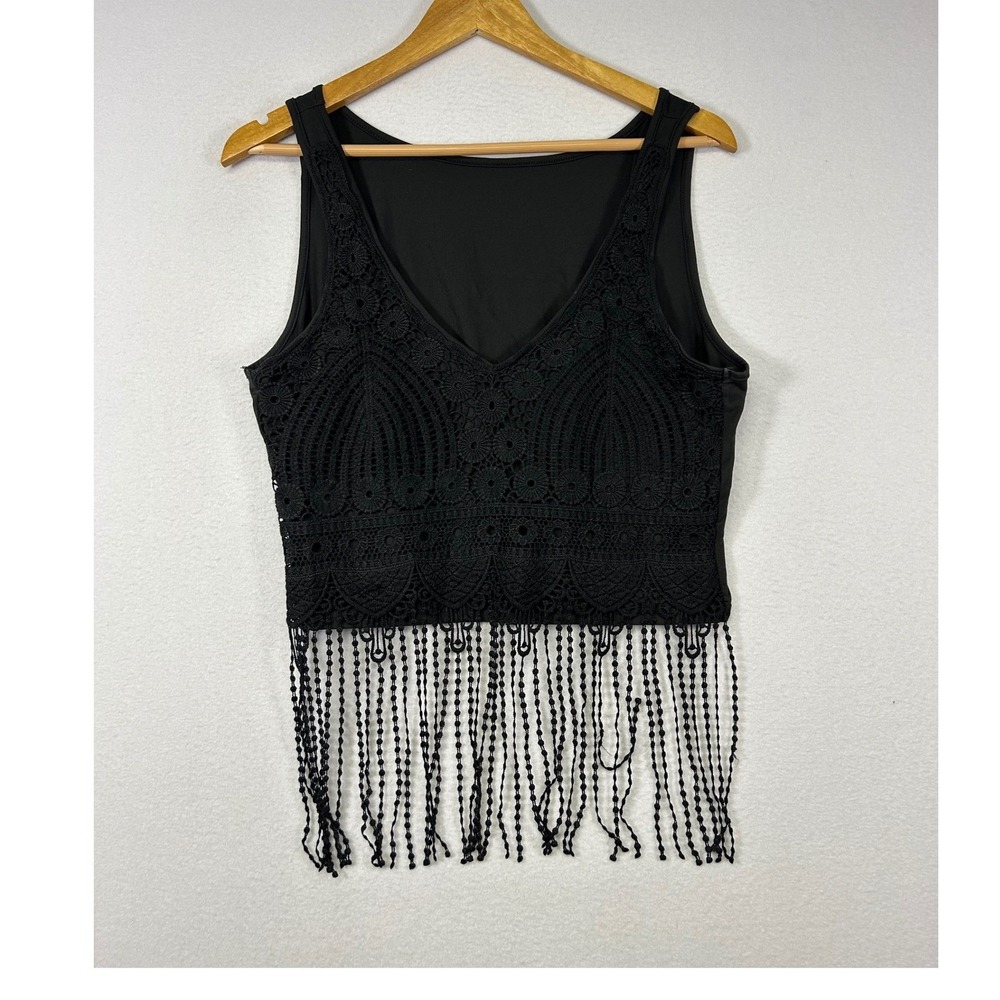 Boho Festival Women Large Black Crochet Lace Fringe Tassel Crop Top Tank